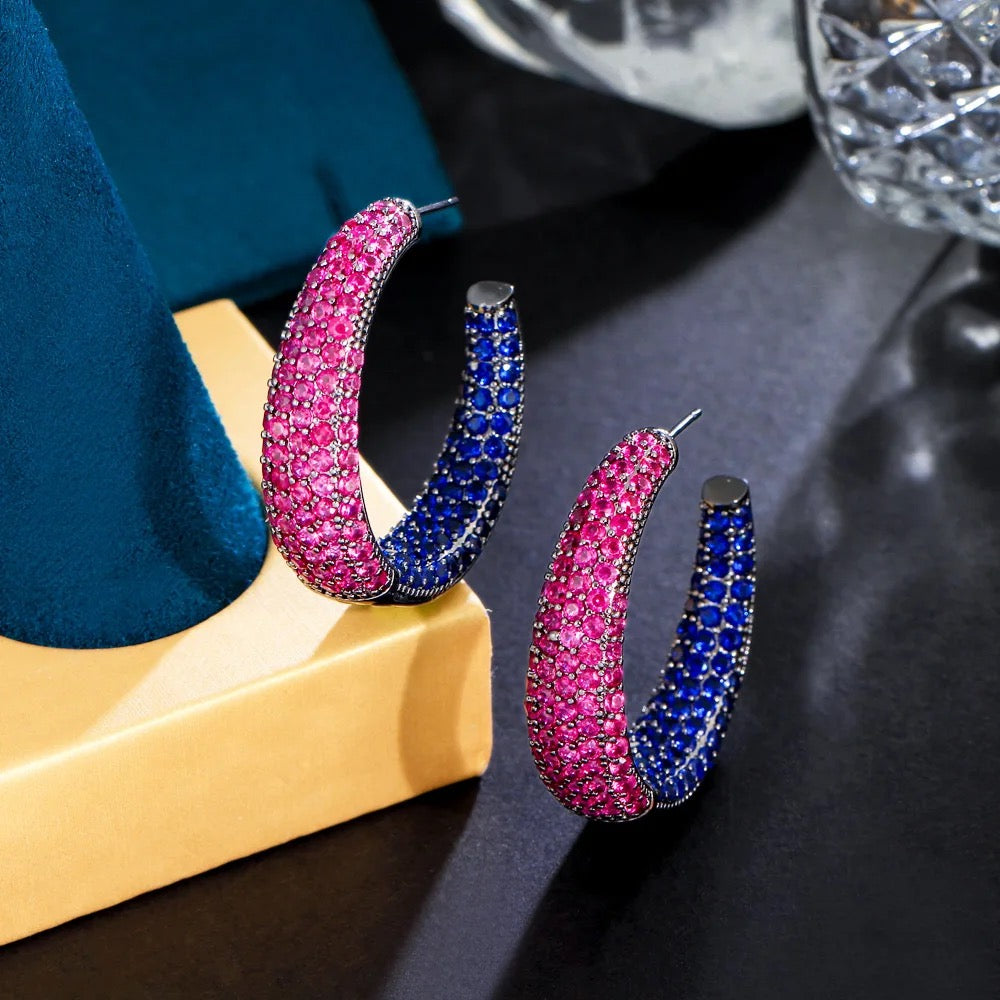 Red and blue cubic zirconia hoop earring