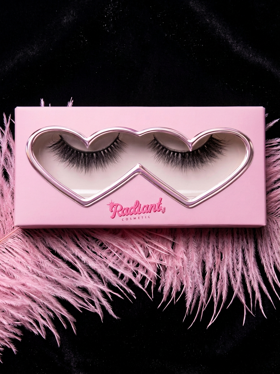 Pink heart-shaped box containing false eyelashes on a black background with pink feathers. Reusable Human Hair Lashes.