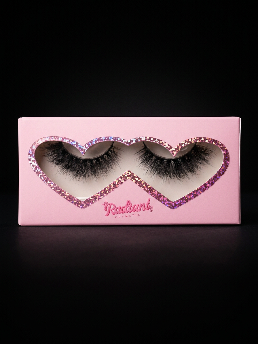 Pink heart-shaped box containing false eyelashes with 'Radiant' branding on a black background.