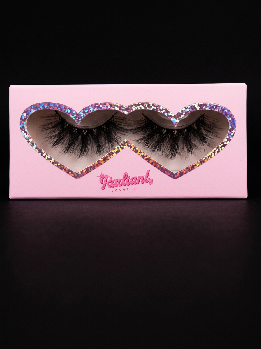 Pink box with false eyelashes featuring the brand 'Radiant' on a black background