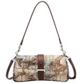 A multicolored handbag with a floral butterfly pattern and brown accents, featuring stainless steel hardware and a brown shoulder strap from Radiant Co Shop.